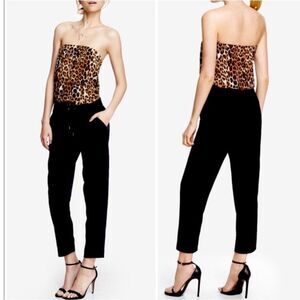 Express Leopard Print Strapless Tie Waisted Black Bottom Pockets Jumpsuit XS Nwt